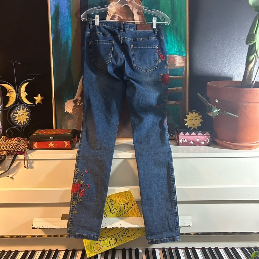 Straight Leg Blue Jeans with Red Floral Embroidery - Picture 8 of 13